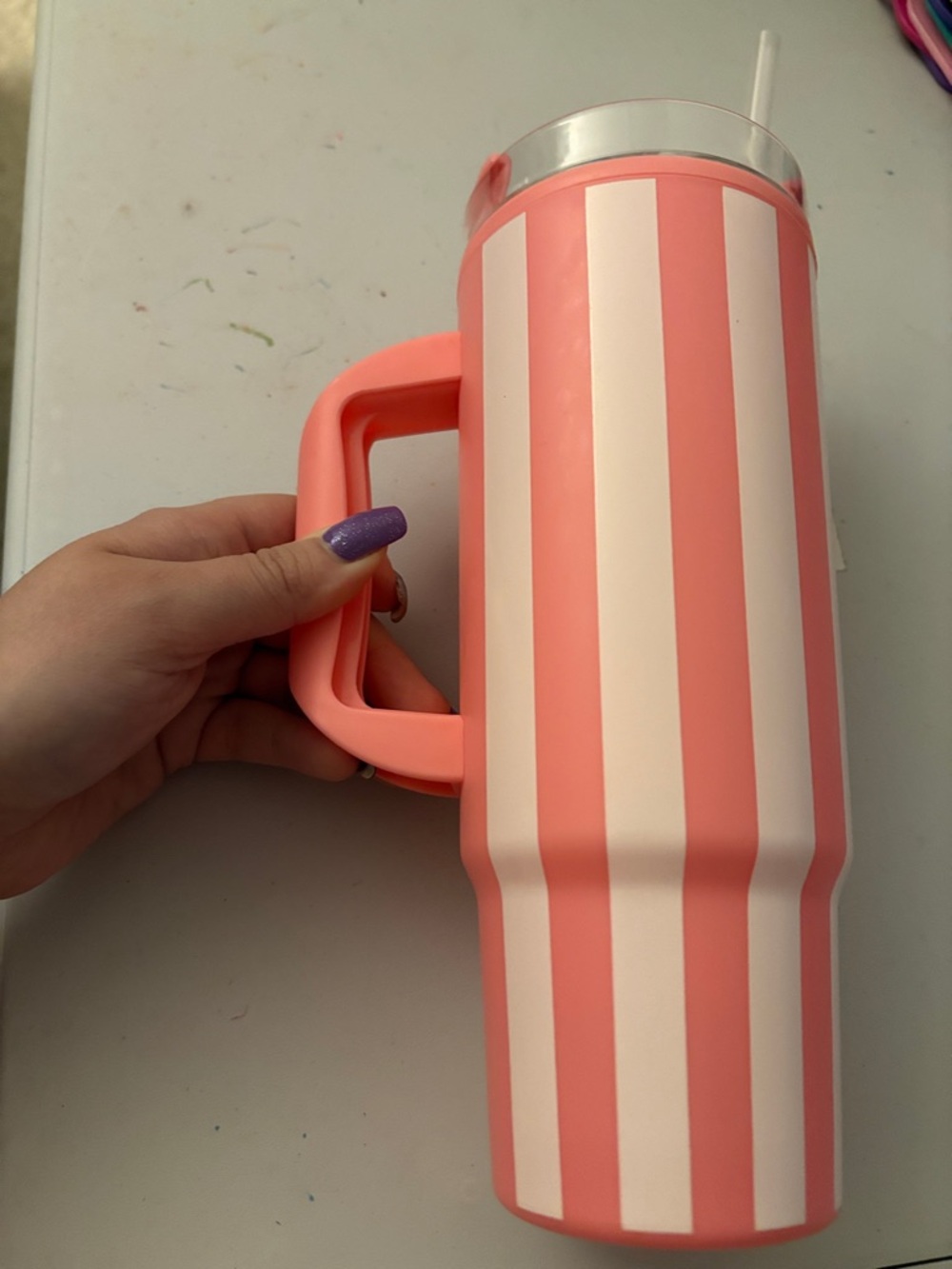 Striped Pink and White Travel Tumbler with Handle and Straw